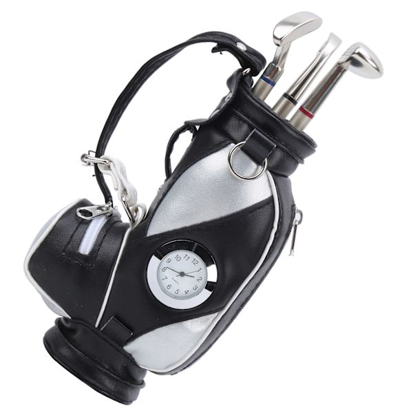 Mini Desktop Golfväska Penna Klocka Zinklegering PU Läder med Golfpennor Souvenir Set GiftSvart Silver