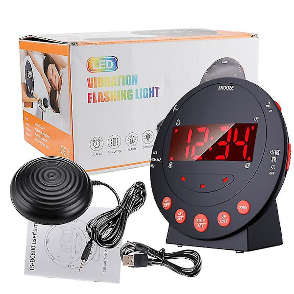 Vibrerande väckarklocka för tunga sovare - 3-i-1 blinkande ljus, sängvibrator, USB-laddare EU-kontakt