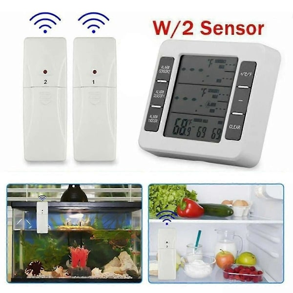 1 Sæt Trådløst Frysertermometer 2 Fjernsensorer Alarm Lav Temperatur Køleskabstermometer C