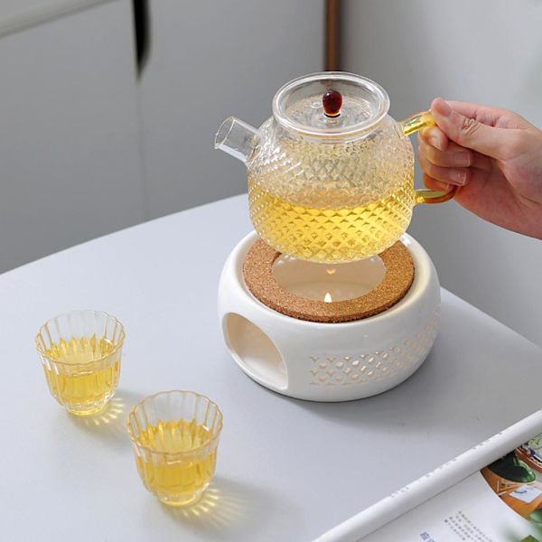 Tevattenvärmare i porslin, värmare för kaffekanna, tekannabas med korkstativ, värmare för te, kaffe och vatten