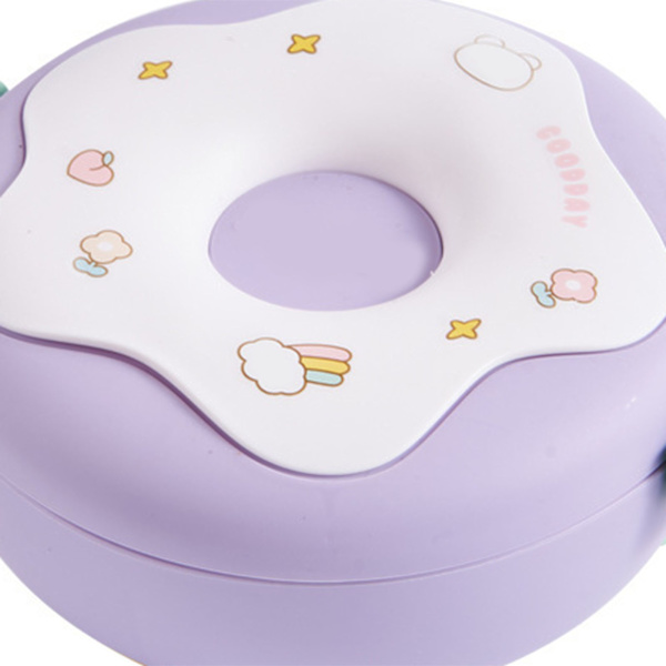 Bento-skål Donut-form Uppvärmningsbar med lock Gaffel Sked Plast Lunchbehållare för Kontor Skola Lila