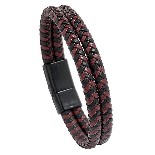 Mænds Røde Sorte Læder Flettede Armbånd