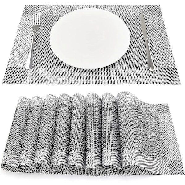45 cm * 30 cm, vaaleanharmaa design, 8 vinyyliliinan setti, kulutusta kestävä, lämmönkestävä, kudottu keittiön liinoille
