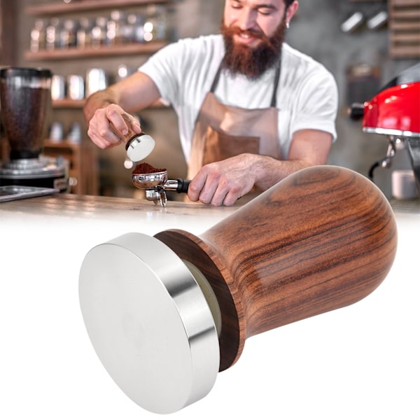 Kaffetamper i trä med platt bas i rostfritt stål (51 mm)