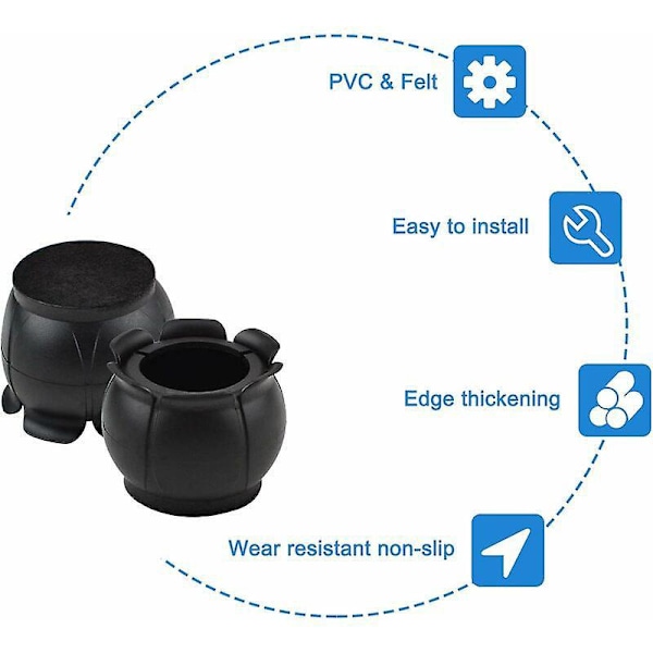 Runde skridsikre gummibensbeskyttere til stoleben med en diameter på 22 mm-25 mm (blomsterform, sort), Triomphe sort pakke med 16 stk.