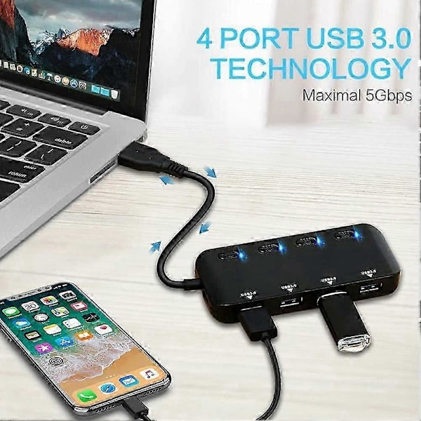 4-porttinen USB 3.0 -keskitin, USB-keskitin aktiivinen jakaja datakeskitin 5 Gbps yksittäisillä virtakytkimillä ja LED-valoilla, USB-keskitin Adapte_SZXM