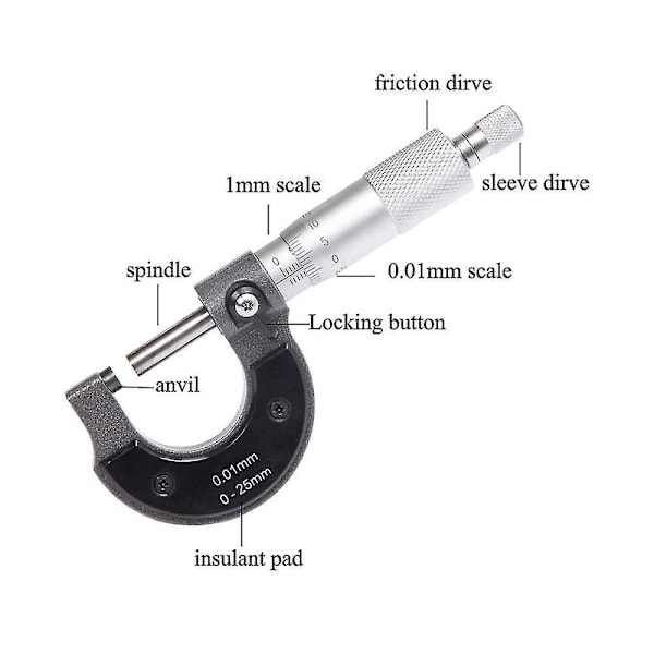 0-25 mm udvendig mikrometer, 0,01 mm opløsning (metrisk)