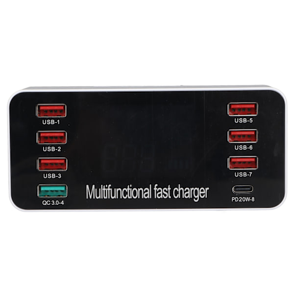 60W monipuolinen USB-laturi 8-porttinen työpöydän latausasema, jossa pikalataus 3.0 USB-portti, tyypin C-portti ja LCD-näyttö 100-240VUK-pistoke