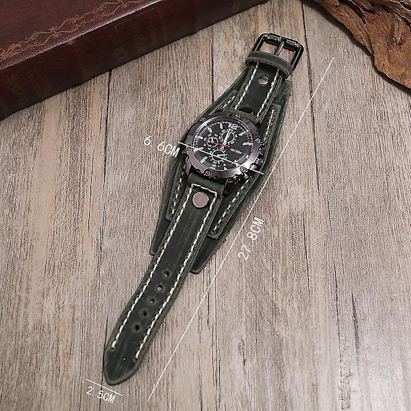 Unisex Punk Retro Bronze Rund Urskive grøn Bred Læder Bælte Rem Manchet Armbånd Romertal Analog Quartz Armbåndsure