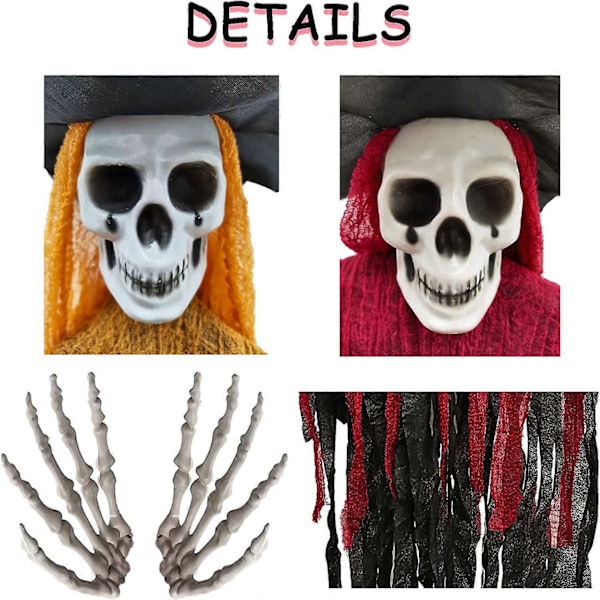 2 Pakke Halloween Hengende Skjelett Spøkelse Dekorasjoner 45.6 Skumle Grim Reaper med Hatt for Halloween Innendørs Utendørs Dekor Haunted House Skull Ghos