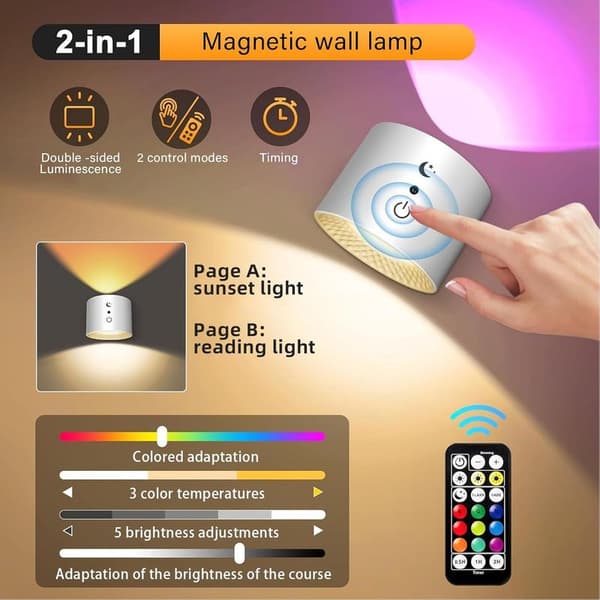 Trådlös Touch LED Vägglampa – 360° Justerbar – 10-100% Dimbar – Uppladdningsbar med Timer – För Sovrum och Vardagsrum, Vit