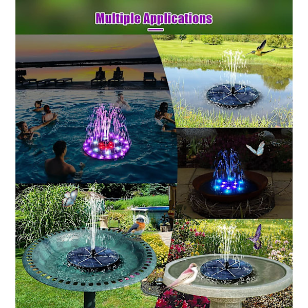 3,5W Solcellsdriven Fontän med 7 Färgglada LED-lampor, Utomhus Flytande Solcellsfontän Pump Solcellsfontän Damm med 6 Munstycken för Fågelbad, Damm, Pool, Trädgårdsfontän