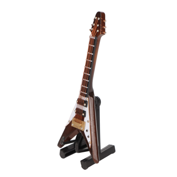 Miniatyr elektrisk gitarmodell av tre med stativ og etui Kaffe Minimusikkinstrumentmodell Dekor 10cm