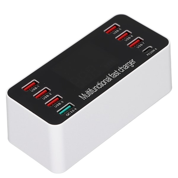 60W monipuolinen USB-laturi 8-porttinen työpöydän latausasema, jossa pikalataus 3.0 USB-portti, tyypin C-portti ja LCD-näyttö 100-240VUK-pistoke