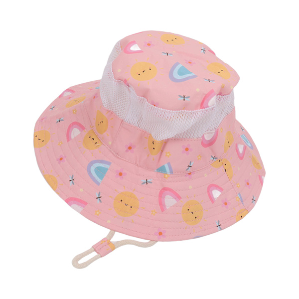 Baby Fisherman Hat Andningsbar Cartoon Tryckt Spädbarn Solskydd Hat med Vindtät Rep för 6 Månader till 3 År Gammal Rosa Sol