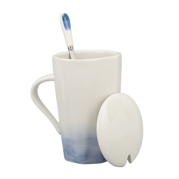 400 ml keramisk krus med blækmalingsstil - kaffekrus i keramik med ske og låg til hjemmet/kontoret - blå