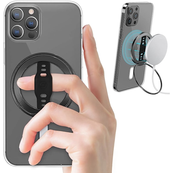 Sort-ny (opgraderet) telefonholder med silikonegreb Kompatibel med MagSafe, magnetisk ringholder, kun til iPhone 14, 13, 12 Pro/Max/Plus