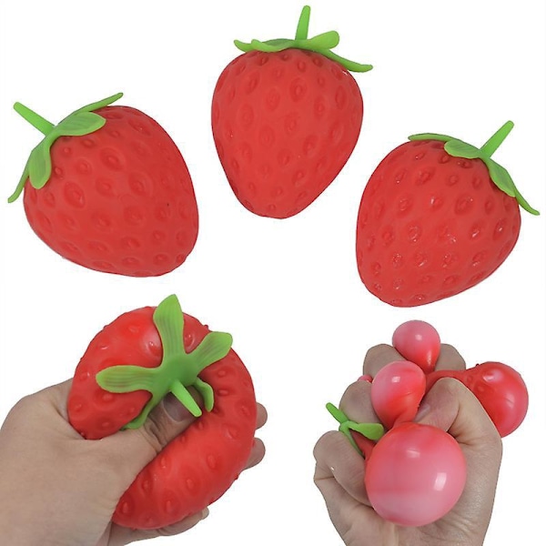 Jordbær Squishy Stressbolde - 4-pak, Sanse Legetøj til Børn og Voksne, Klem Legetøj til Stressaflastning, Sjov og Holdbar Fidget Legetøj