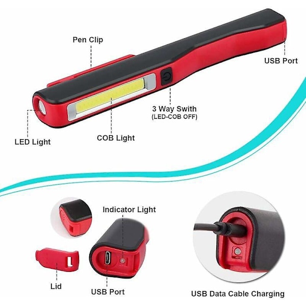 LED Inspektionslygte - Genopladelig LED Arbejdslampe Super Lys COB LED Lomme Lommelygte med Magnetisk Klips til Hjemmet, Værksted, Bil, Camping, O