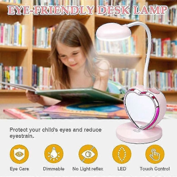 LED Skrivebordslampe for Jenter, Oppladbar LED Skrivebordslampe med USB-ladeport & Penneholder, Øyevennlig