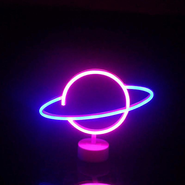 Neon Planet Bordlamper - Blå/Pink Natlampe med Holderbase