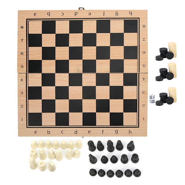 3-in-1 puinen shakki, tammi ja backgammon taitettava kannettava interaktiivinen shakkilauta lelu 24 x 24 cm / 9,4 x 9,4 tuumaa