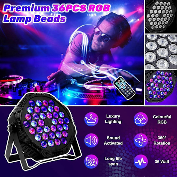Party Discolampor, 36 LED Scenlampor med DMX och Fjärrkontroll, 7 Lägen RGB-effekter för DJ-fester, Klubbar, Barer, Familjefödelsedagar