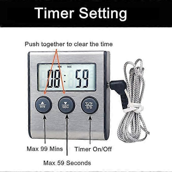 0250C Matlagingstermometer med Alarm Timer - Temperaturmåler for Kjøkken BBQ