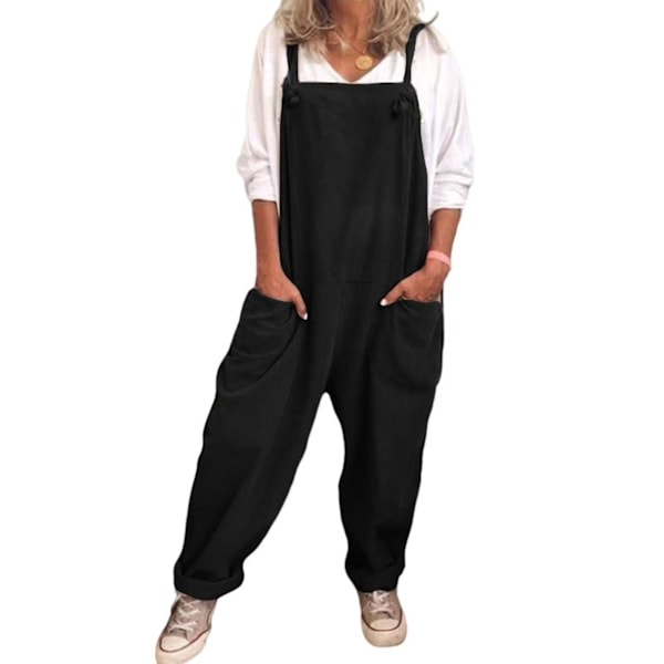 Cotton Linen Black Overall Suspender Pants for Women, Summer Casual Trousers