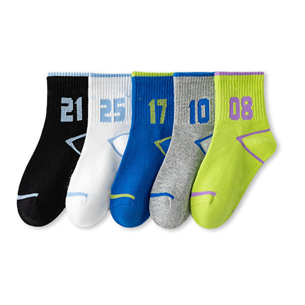 5 par barns sports strumpor med siffror tryckta medellängd färgglada bomullsstrumpor för höstkläder XL (9-12 år gamla)