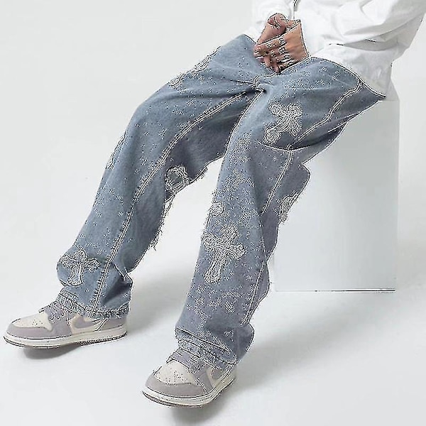 Herr Streetwear Baggy Jeans Hip Hop Lösa Denimbyxor