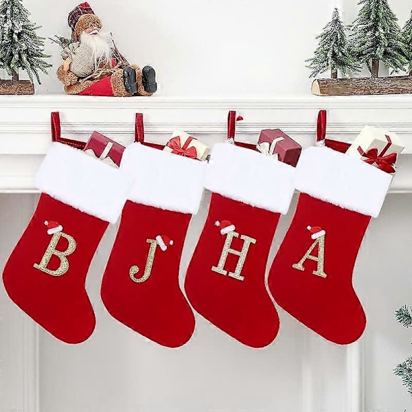 50 cm Monogram Julestrømper med Bogstaver, Rød Velour med Hvid Superblød Plysmanchet Broderede Julestrømper (A)
