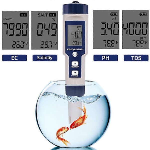 5-in-1 elektroninen pH-mittari, mittaa pH:n, TDS:n, EC:n, suolapitoisuuden ja lämpötilan, vedenlaadun testaaja, LCD-näyttö ja lukematarkkuus, juomavedelle, A