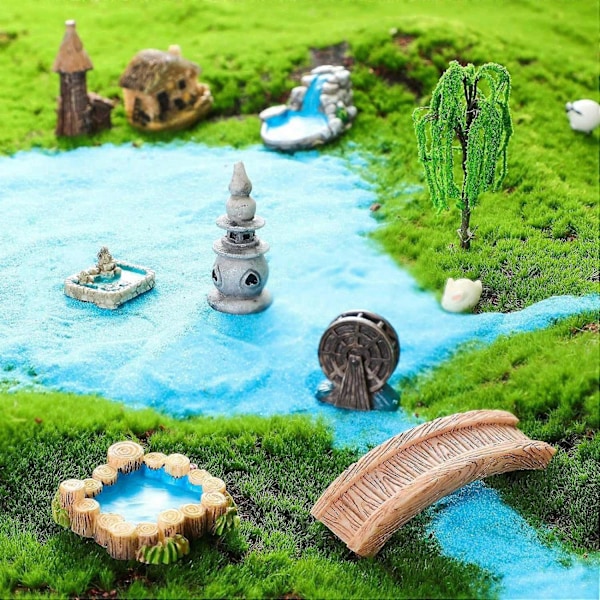 12 Stk. Eventyrhave Tilbehør Miniature Havebro Figurer Mini Fyr Vand