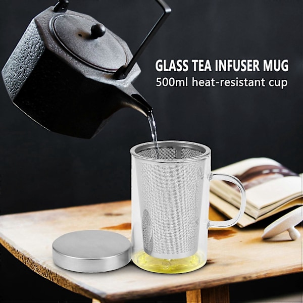 500 ml reisevarmebestandig teinfusjonskrus i glass med lokk, kaffekopp