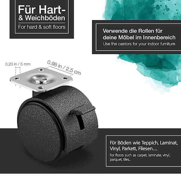 Set med 4 50 mm möbelhjul med bromsar - Svängbara hjul för inomhusmöbler - Hjul med lågt rullmotstånd - Lastkapacitet upp till 120 kg