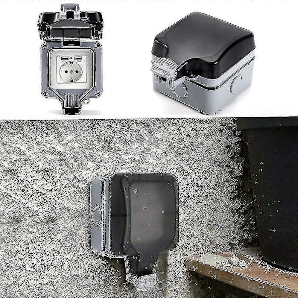 Dubbelt utomhusuttag med USB, vattentätt, kraftigt, eluttag med väggbox (enkelt)