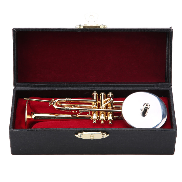 Miniatyr trompetreplika med stativ og etui Gullbelagt instrumentmodell Musikalske ornamenter