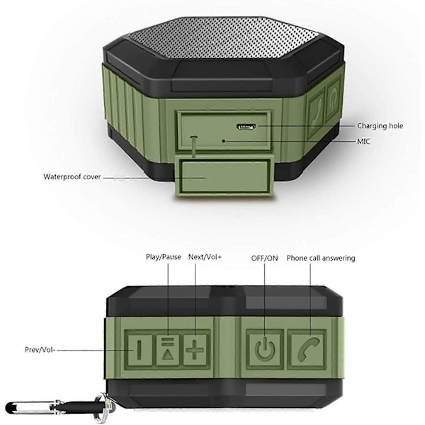 Portabel Mini Bluetooth Duschhögtalare med Krok 12H Speltid Vattentät Bluetooth Högtalare för Strand, Pool, Hem, Fest, Grön