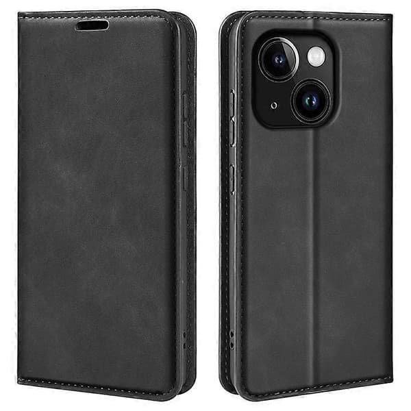 Kompatibel med iPhone 15 Ridsefast PU-læderpungcover med stativfunktion Black