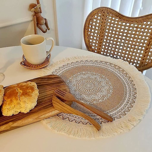 Jute-hapsureunainen pyöreä paikkaliina, paikkaliina ruokailuun, keittiöön, pöydän koristeluun (2 kpl)