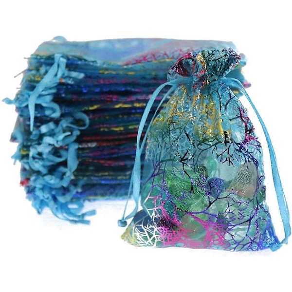100 stk. blå organza snørebåndsposer smykkeposer, Coralline mønster slik chokolade fest jul bryllup favor gaveposer, 3,5x4,7 tommer