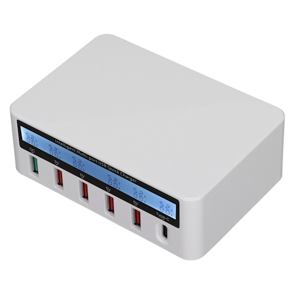 Telefonopladningsstation USB-opladerblok 40W 6-port QC 3.0-opladningshub med LCD-skærm til telefontablet 100-240VAU-stik hvid