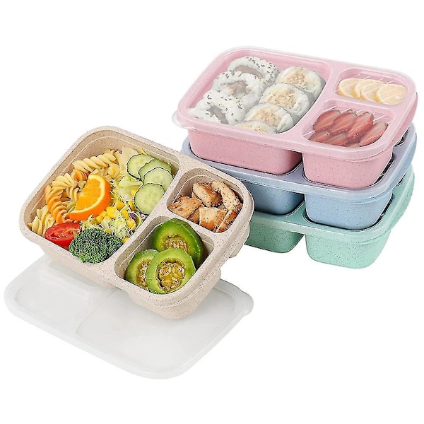 Bento Lunsjboks 4-pakning, 3-roms matpreppingsbeholdere for barn, gjenbrukbar matlagring