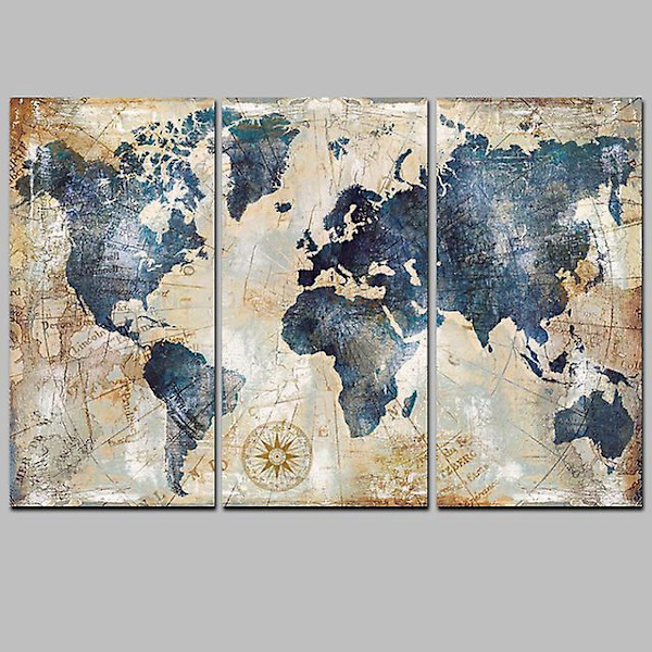 Nautical World Map Canvas Print Triptych - 90x60 cm - Wind Rose Art - Veggdekorasjon