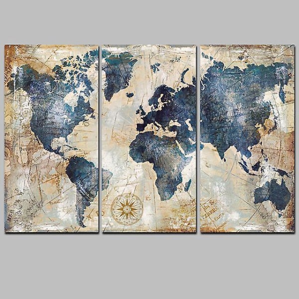 Nautical World Map Canvas Print Triptykon - 90x60 cm - Wind Rose Art - Vægdekoration