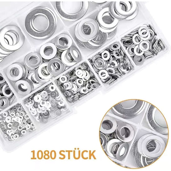1080 stk. 304 Rustfrit Stål Flade Skiver Sortiment, M2 M2.5 M3 M4 M5 M6 M8 M10 M12 M14 M16 Flad Skive til Tætning af Skruer Tætningsringe - Leveres med æske