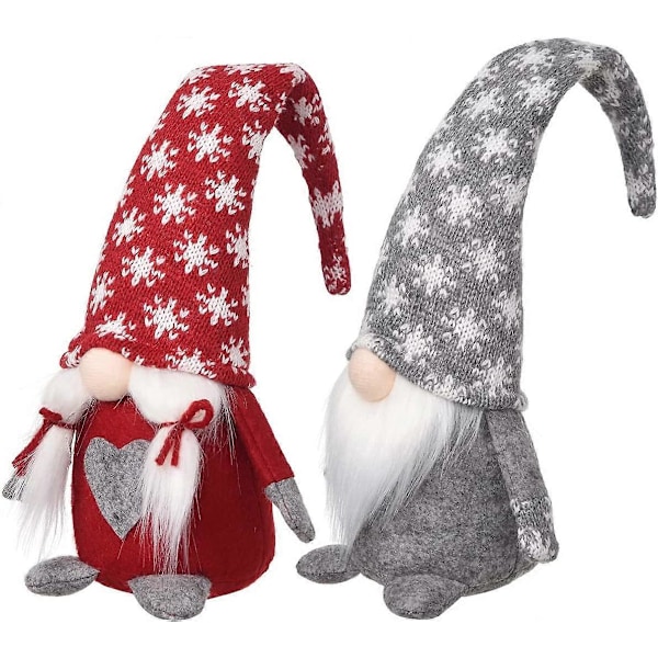 Snøfnugg Julenisser Sett med 2, Julehjem Dekorasjon Svensk Plysj Tomte Fylt Borddukke Håndlaget Nissegave Alvefigur 35 cm