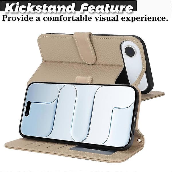 Compatible with iPhone Air Stand Case Litchi Texture Genuine Cowhide Wallet Case RFID Grey