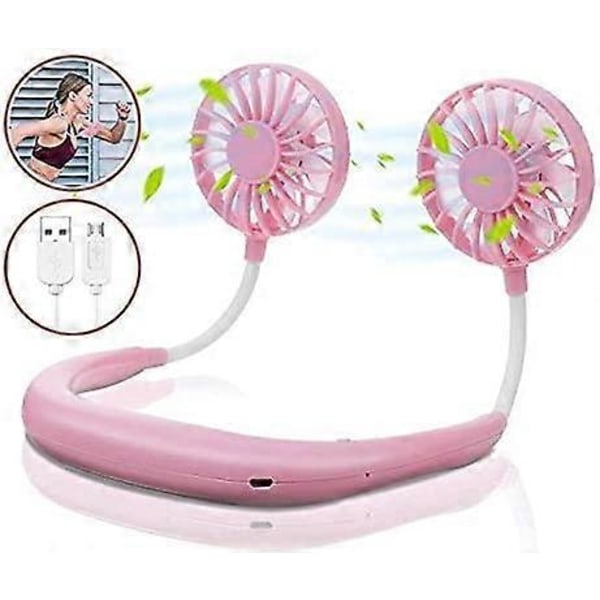 Portabel Hands Free Hängande Halsfläkt, USB Uppladdningsbar Mini Bärbar Halsbandsfläkt med LED-ljus Dubbel Hals för Hemmakontor Utomhusresor (Rosa)